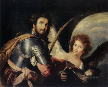 バロック Painting - 聖モーリスと天使 イタリア・バロック ベルナルド・ストロッツィ